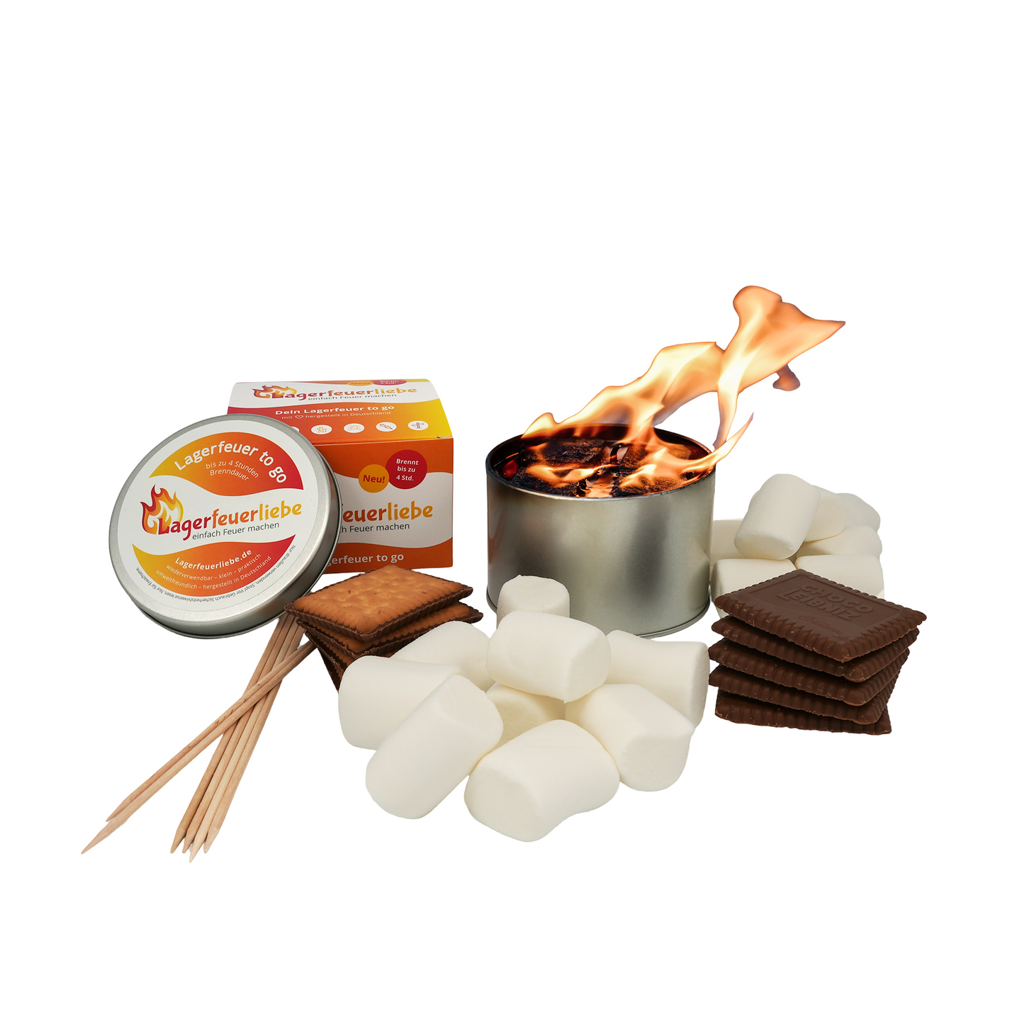 Lagerfeuerliebe® Marshmallows Set | bis zu 4 Std. Brenndauer | wiederverwendbar, leicht & sicher | Lagerfeuer to go | Marshmallow Set |